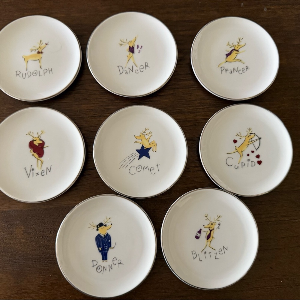 Pottery Barn Festive Reindeer Ceramic 4” Plates Set 8